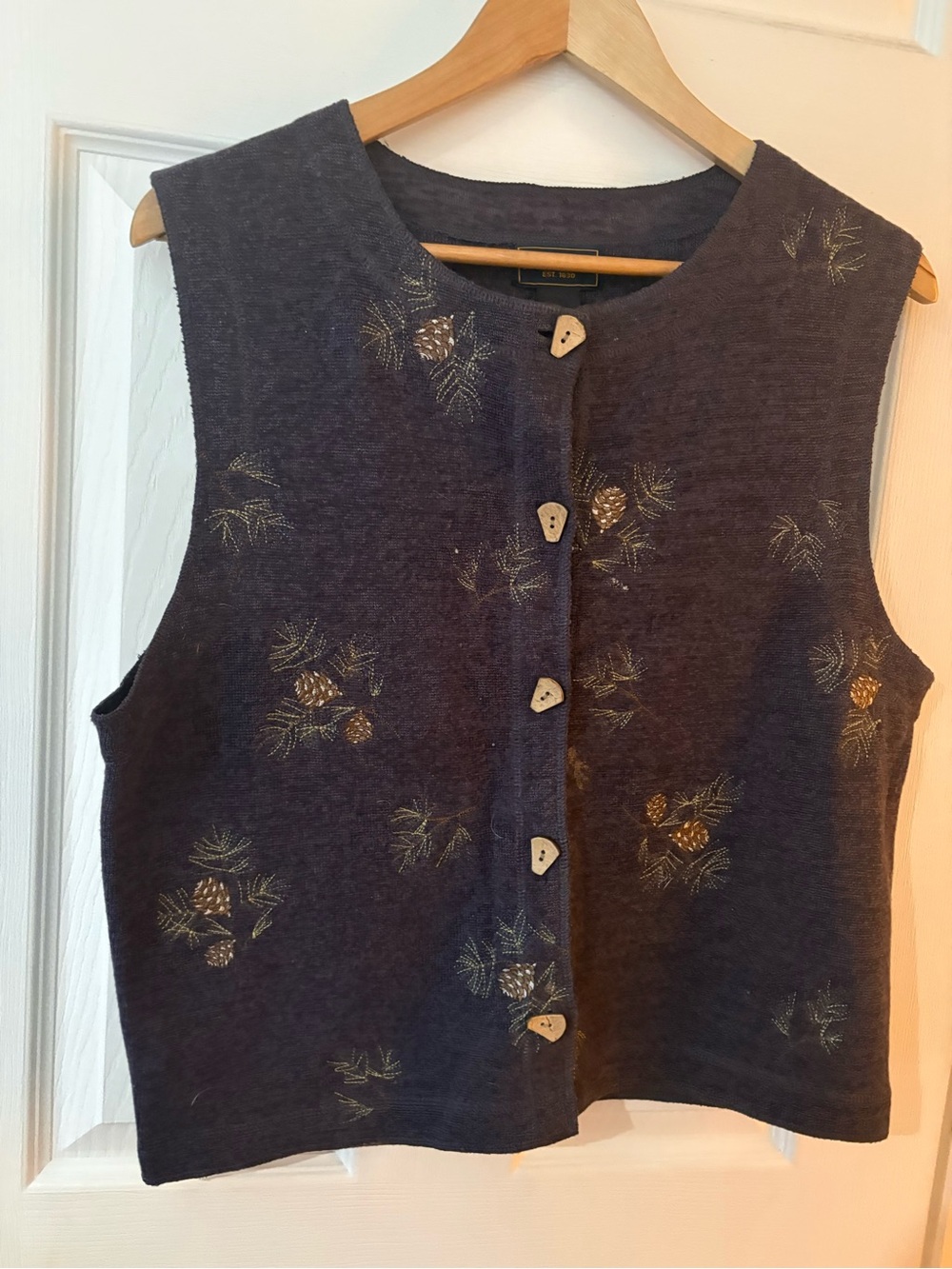 Woolrich Women’s pinecone wood button vest size large blue grey cotton vintage